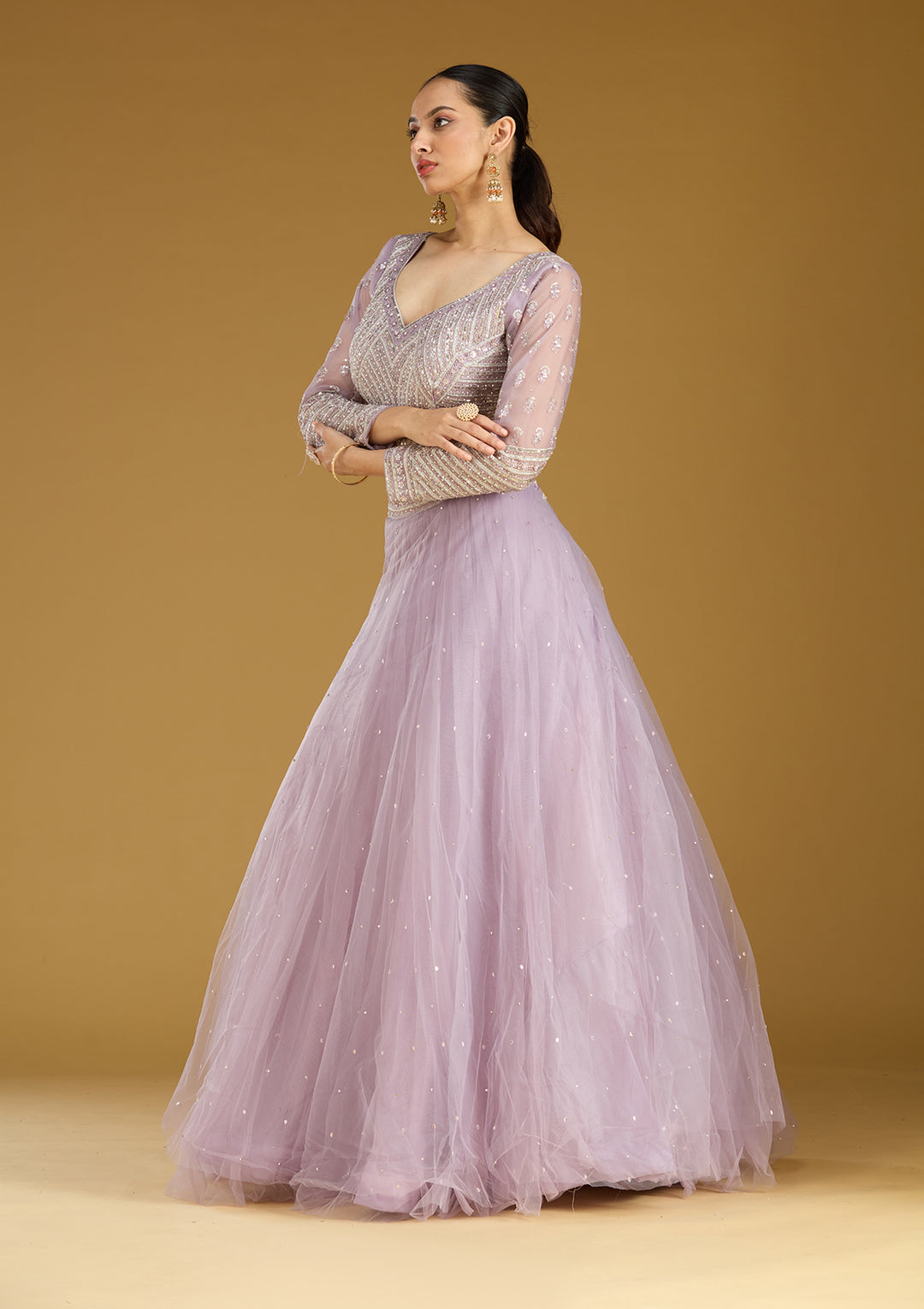 Lavender Sequins Net Readymade Lehenga