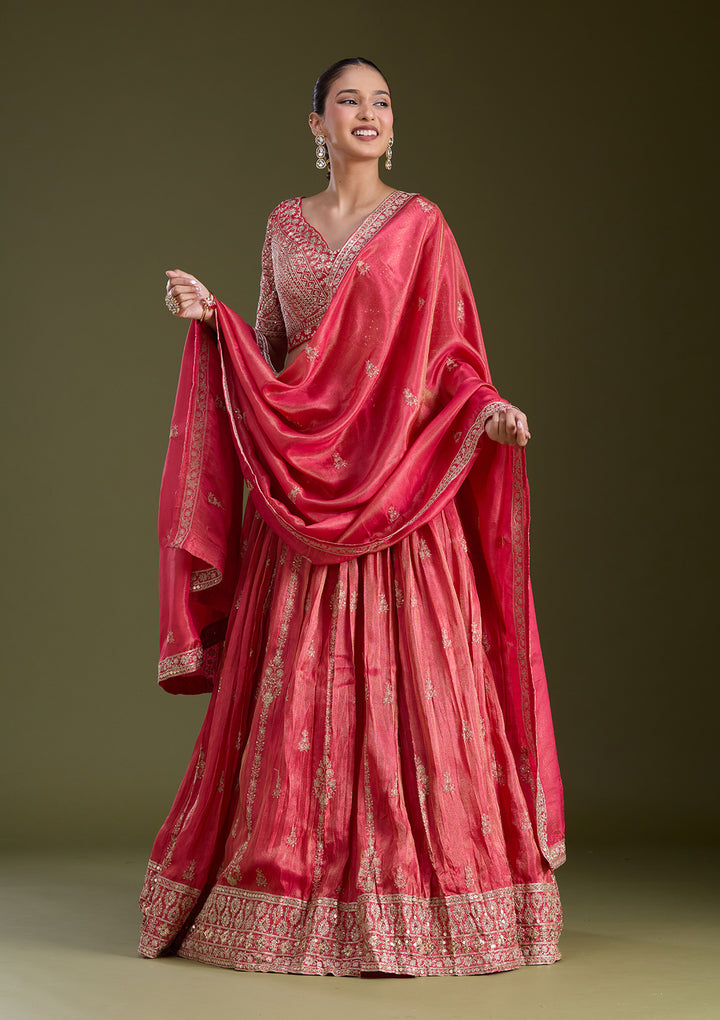 Red Zariwork (Gold) Tissue Readymade Lehenga