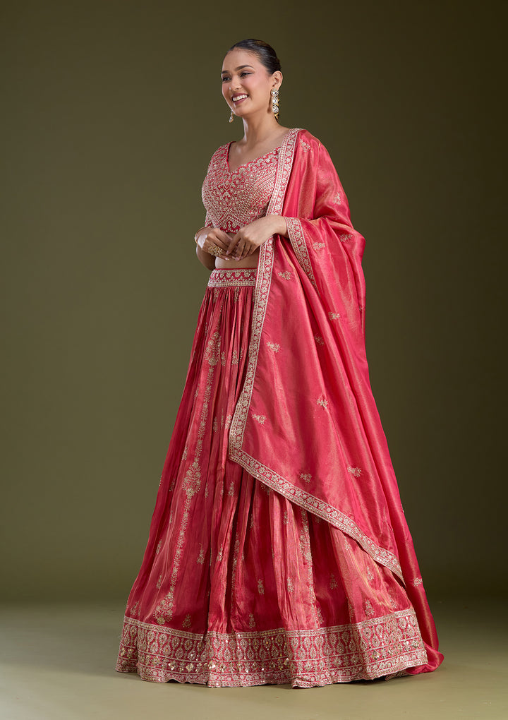 Red Zariwork (Gold) Tissue Readymade Lehenga