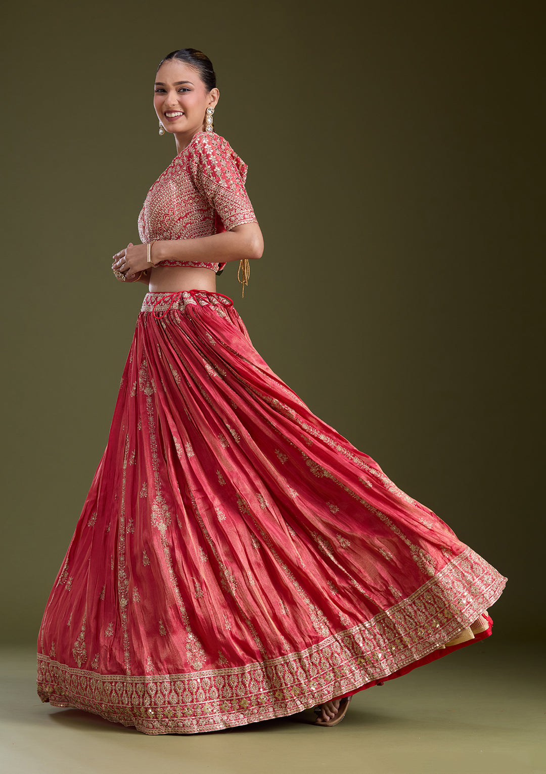 Red Zariwork (Gold) Tissue Readymade Lehenga