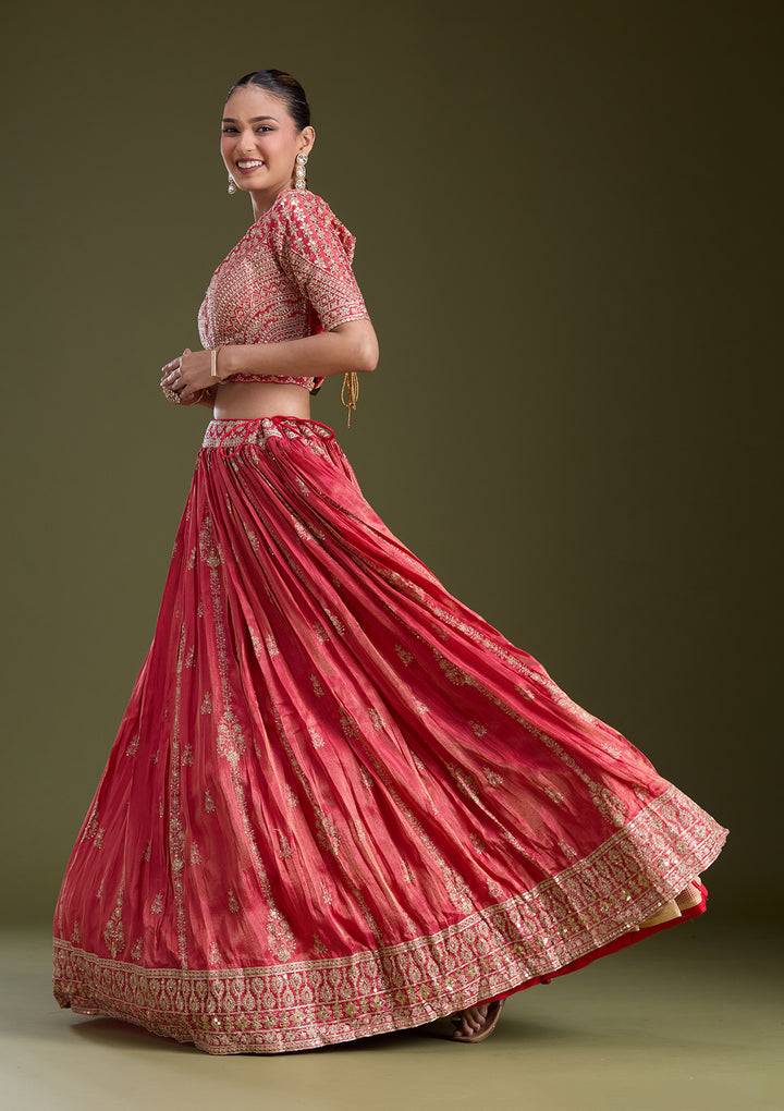 Red Zariwork (Gold) Tissue Readymade Lehenga