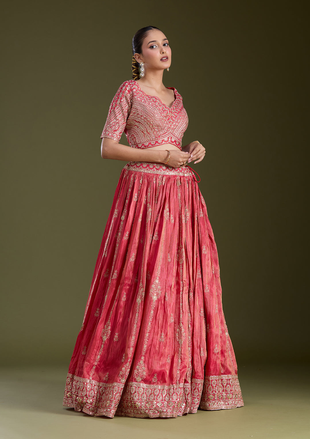 Red Zariwork (Gold) Tissue Readymade Lehenga