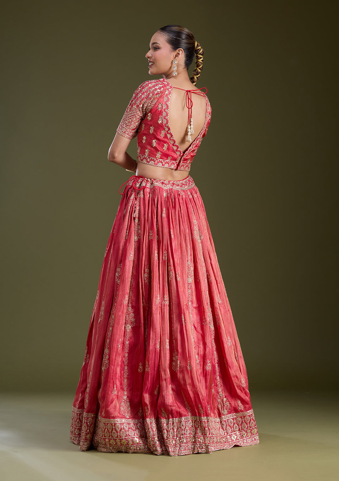 Red Zariwork (Gold) Tissue Readymade Lehenga