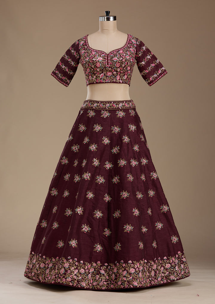 Maroon Threadwork Raw Silk Readymade Lehenga
