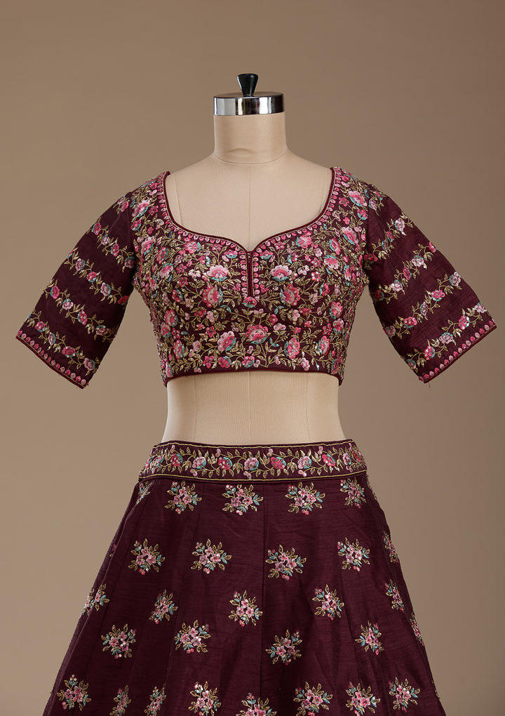 Maroon Threadwork Raw Silk Readymade Lehenga