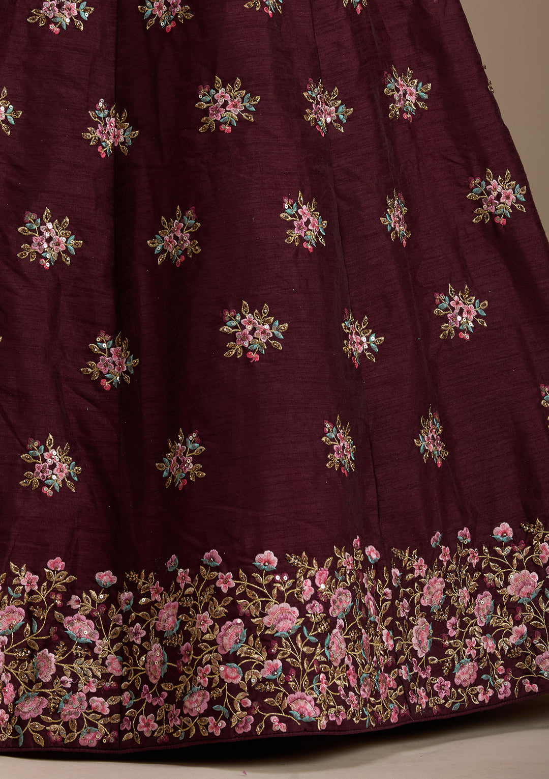 Maroon Threadwork Raw Silk Readymade Lehenga