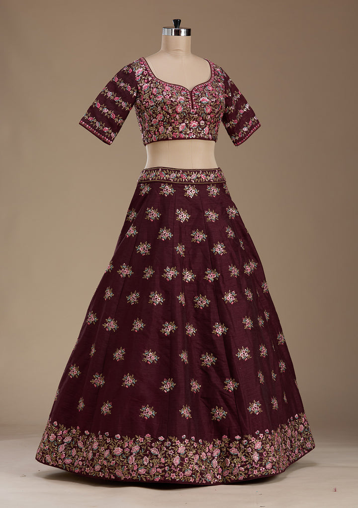 Maroon Threadwork Raw Silk Readymade Lehenga