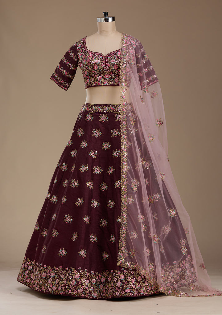 Maroon Threadwork Raw Silk Readymade Lehenga