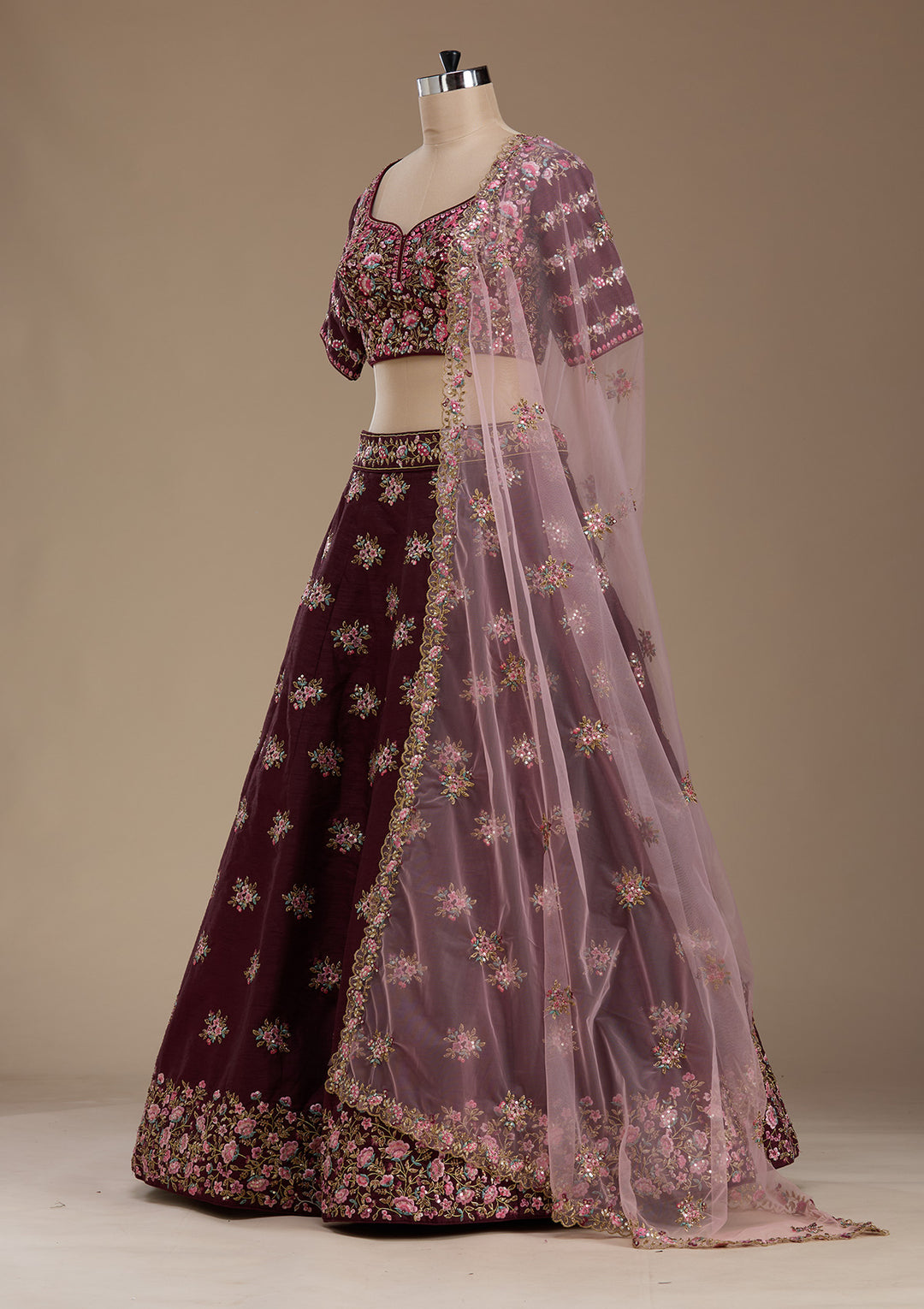 Maroon Threadwork Raw Silk Readymade Lehenga