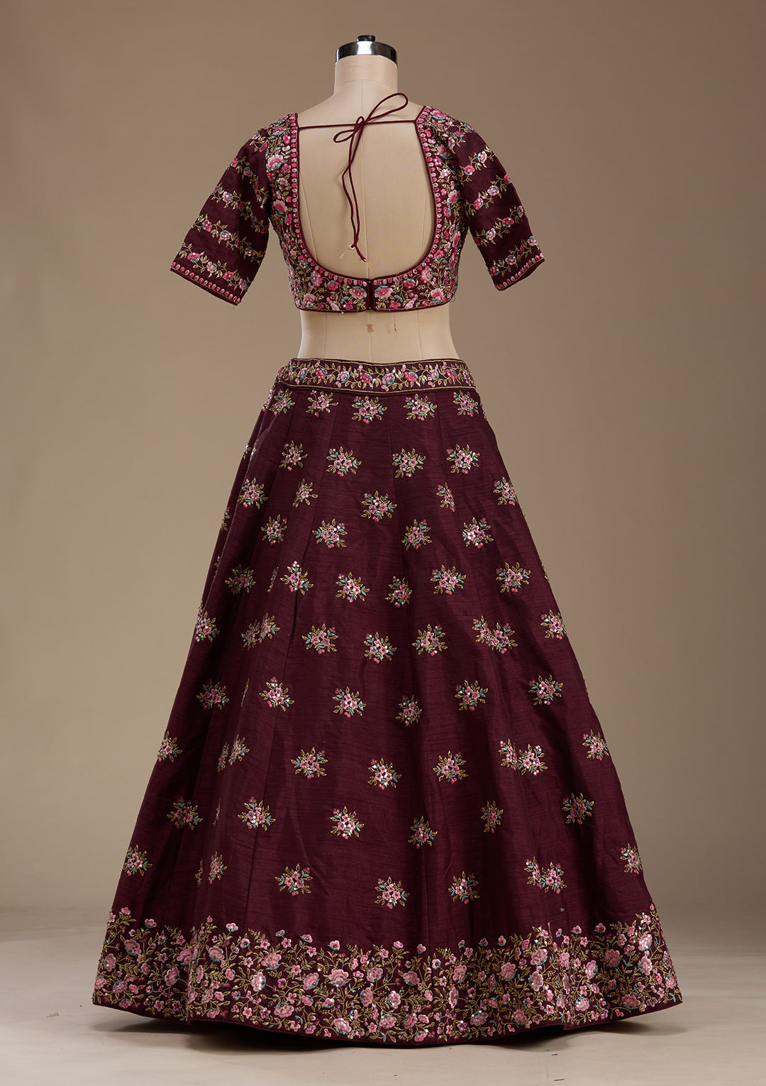 Maroon Threadwork Raw Silk Readymade Lehenga