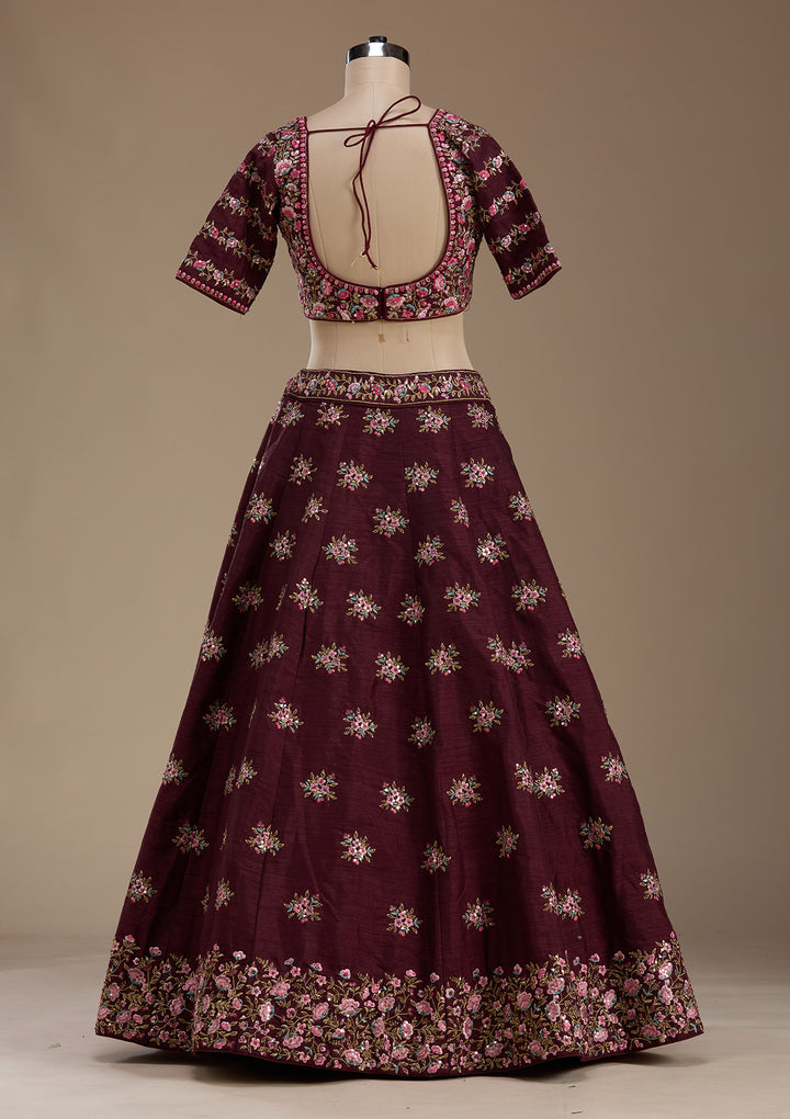 Maroon Threadwork Raw Silk Readymade Lehenga