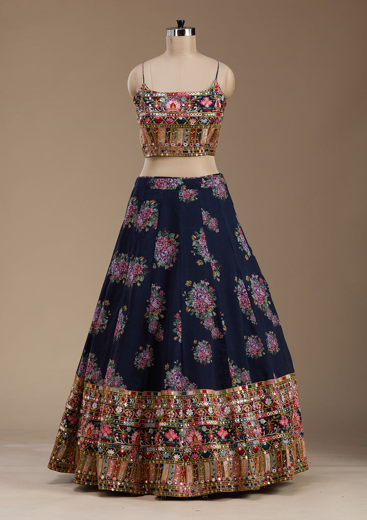 Navy Blue Threadwork Georgette Readymade Lehenga