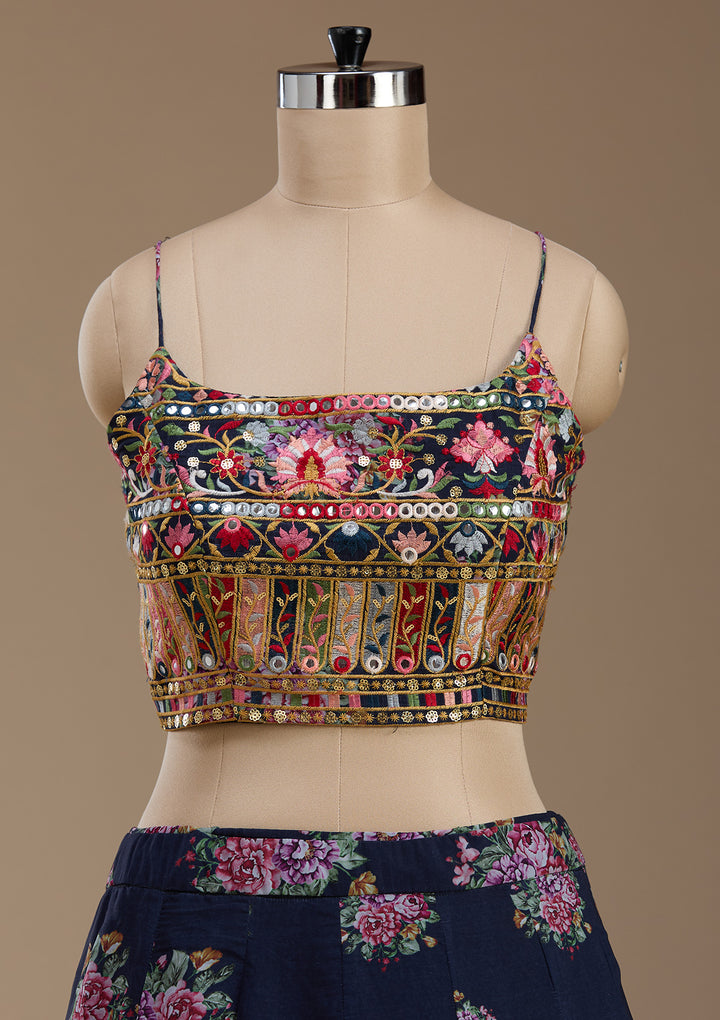 Navy Blue Threadwork Georgette Readymade Lehenga