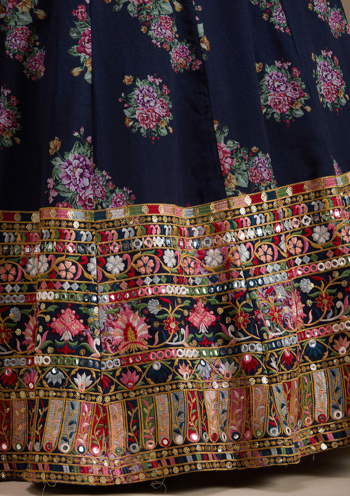 Navy Blue Threadwork Georgette Readymade Lehenga