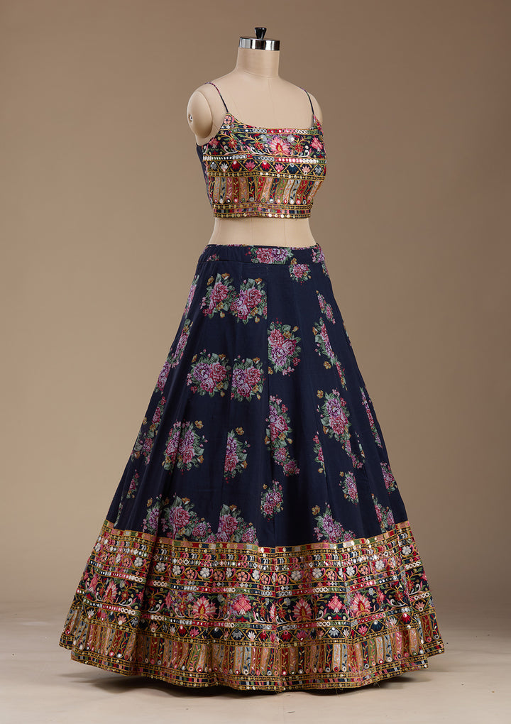 Navy Blue Threadwork Georgette Readymade Lehenga
