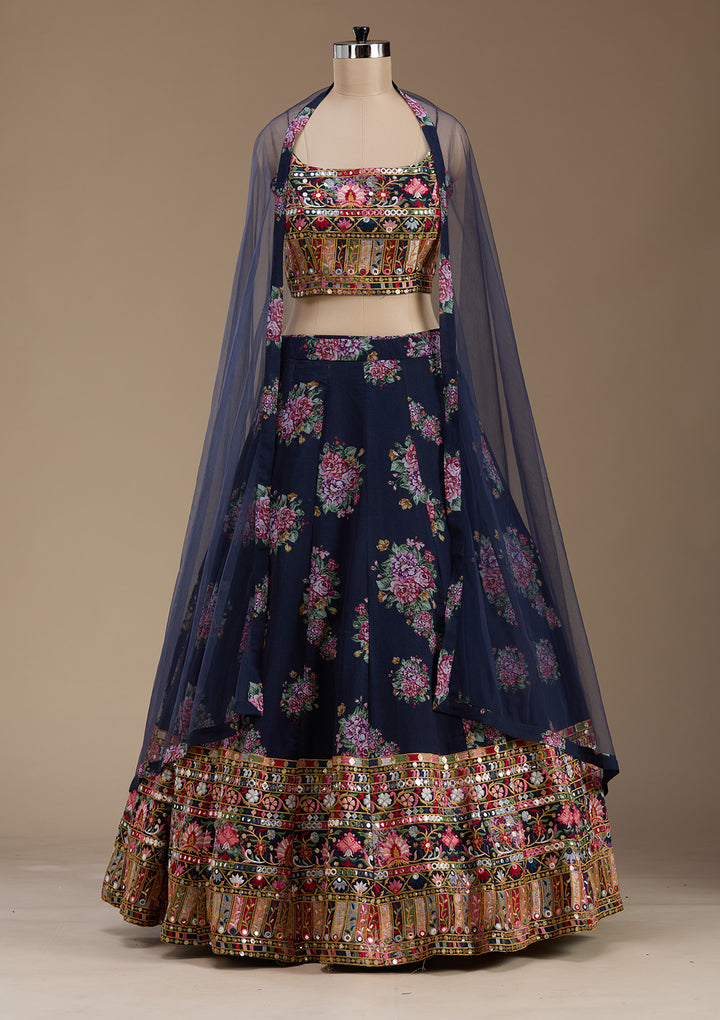 Navy Blue Threadwork Georgette Readymade Lehenga