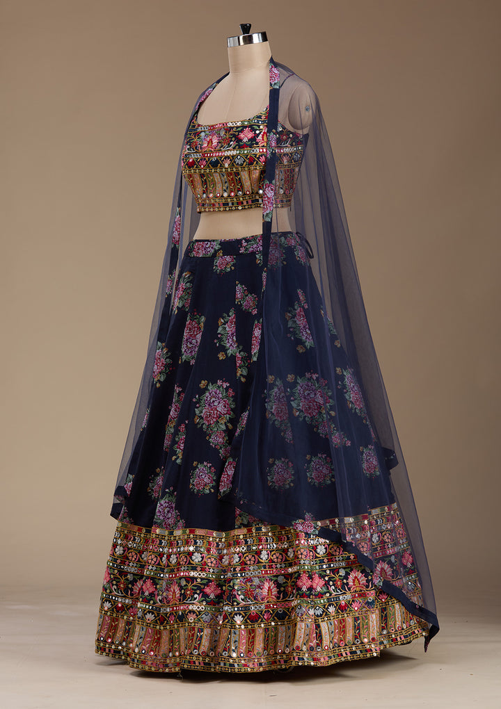 Navy Blue Threadwork Georgette Readymade Lehenga