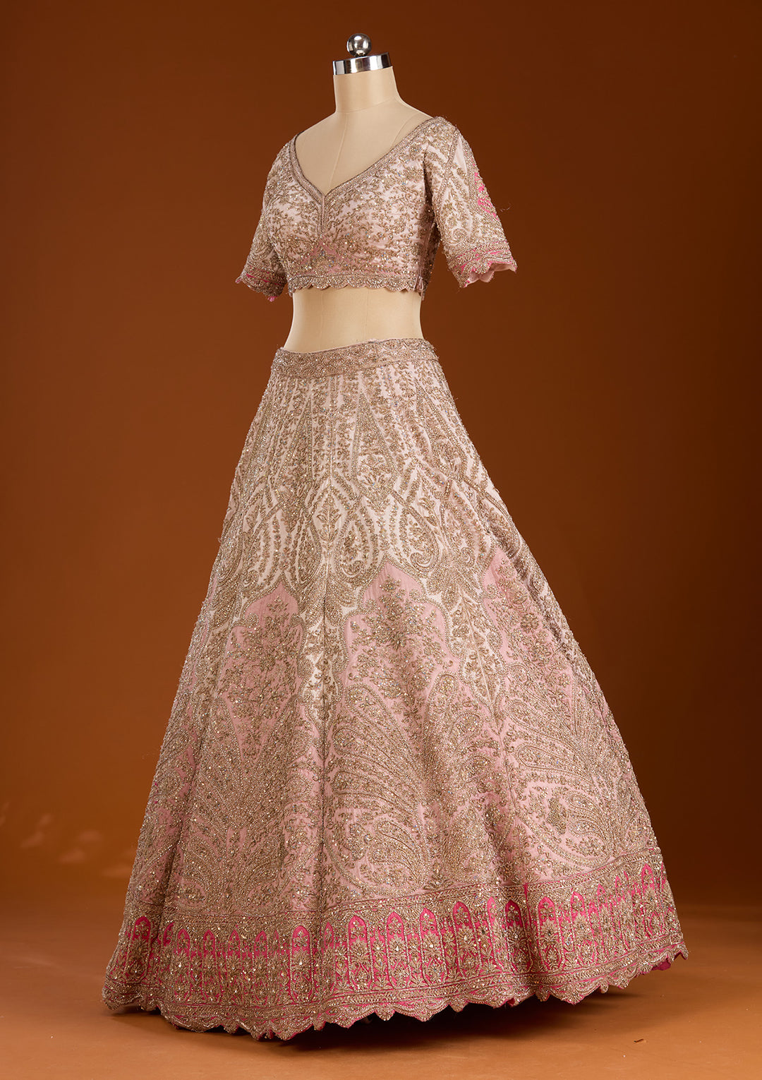Peach Zariwork Raw Silk Readymade Lehenga