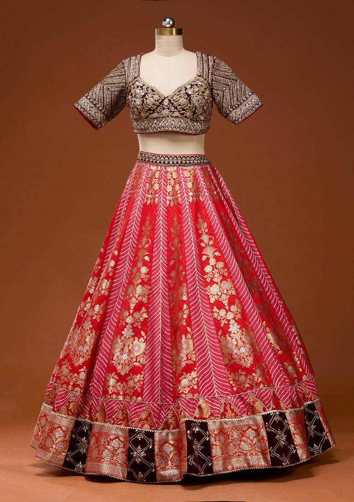Red Zardosi Brocade Readymade Lehenga