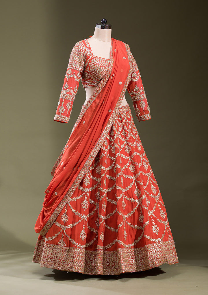 Rust Zariwork Georgette Readymade Lehenga