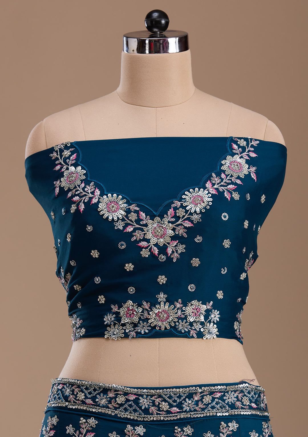 Rama Green Sequins Silk Semi-Stitched Lehenga