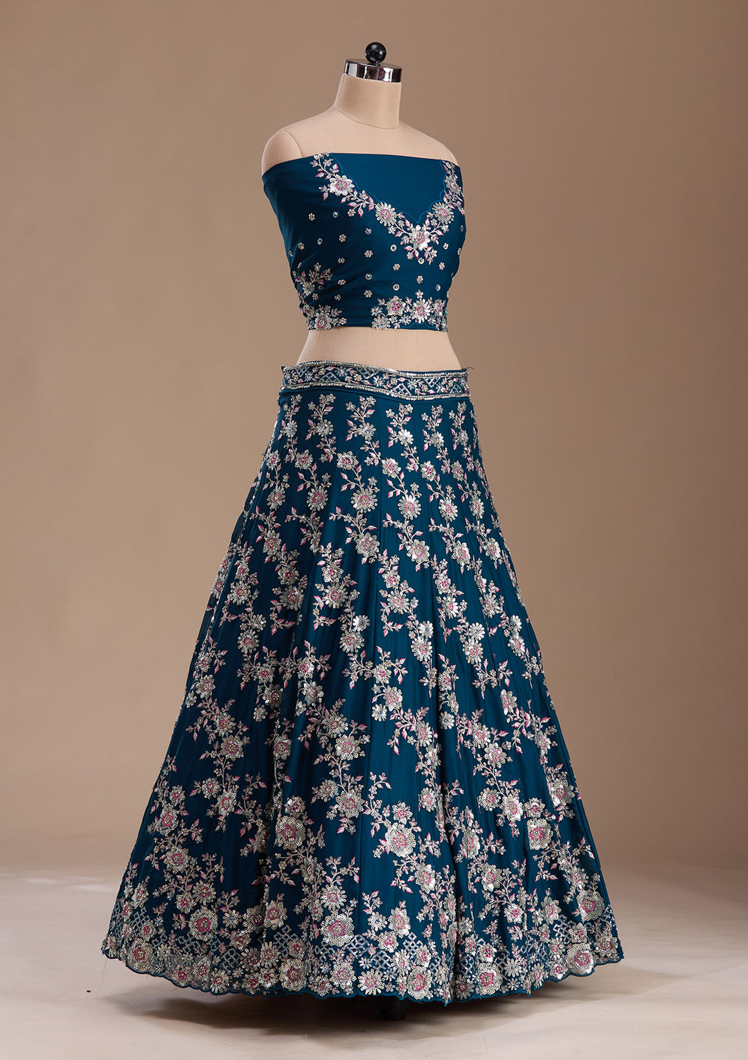 Rama Green Sequins Silk Semi-Stitched Lehenga