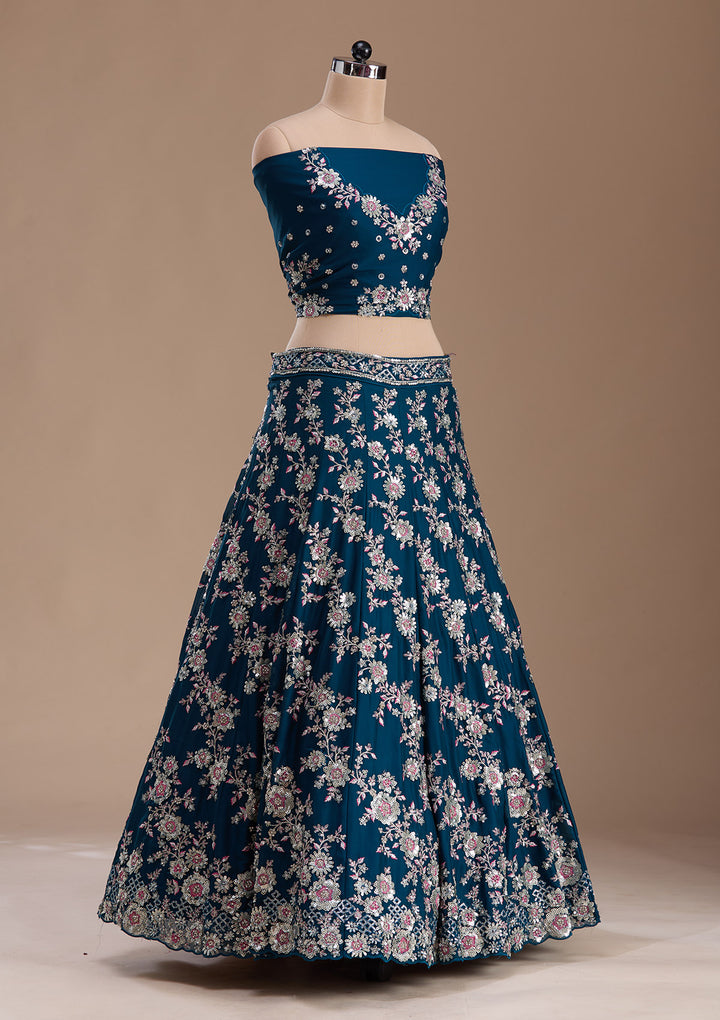 Rama Green Sequins Silk Semi-Stitched Lehenga