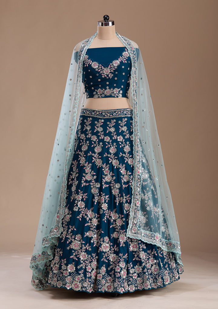 Rama Green Sequins Silk Semi-Stitched Lehenga