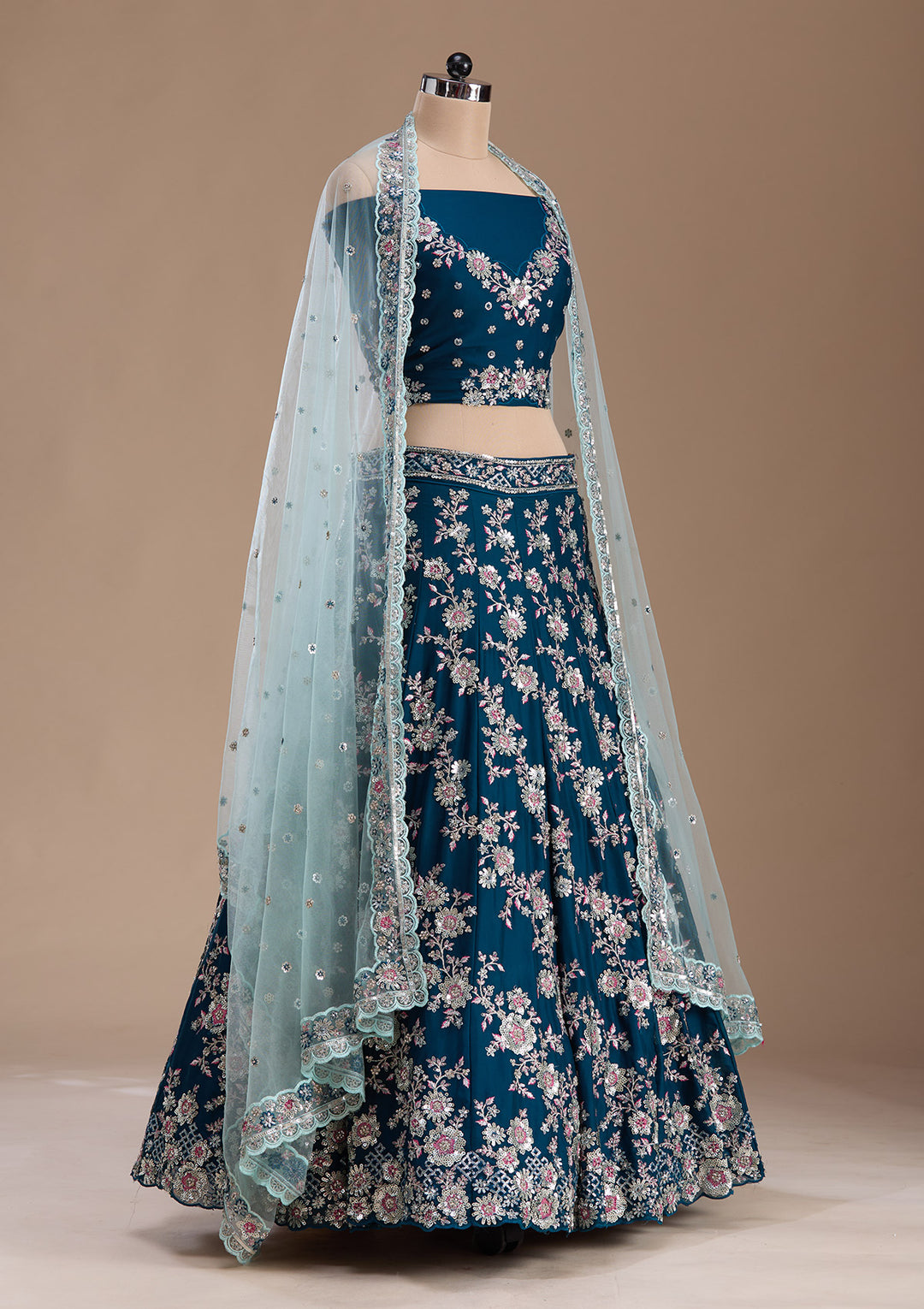Rama Green Sequins Silk Semi-Stitched Lehenga