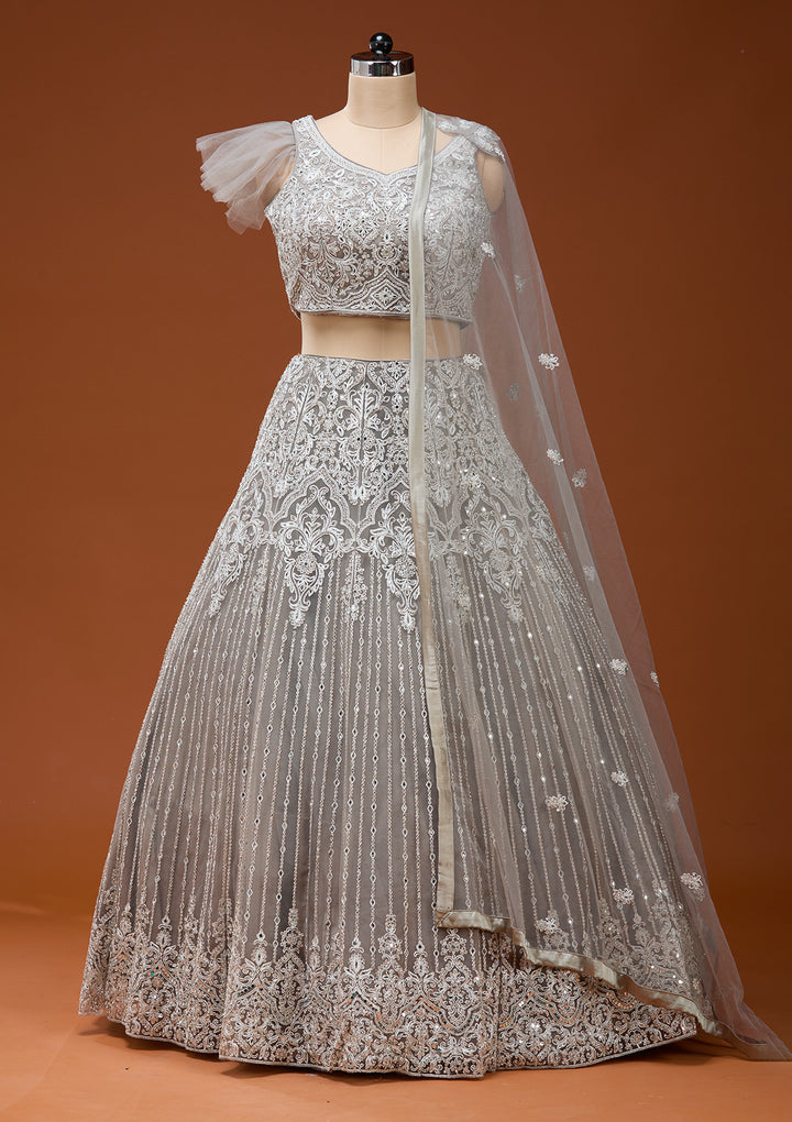 Light Grey Silver Zariwork Net Readymade Lehenga