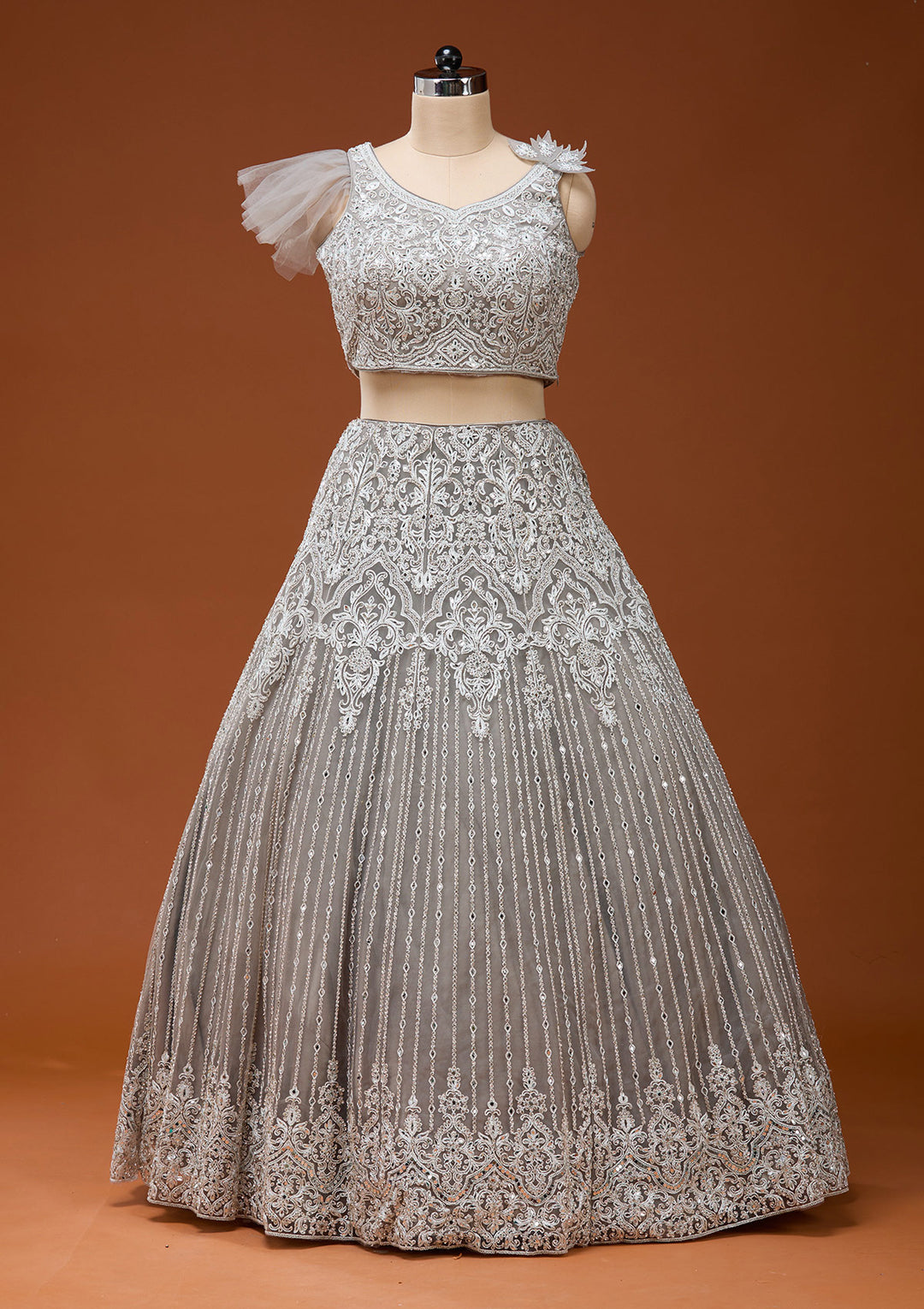 Light Grey Silver Zariwork Net Readymade Lehenga