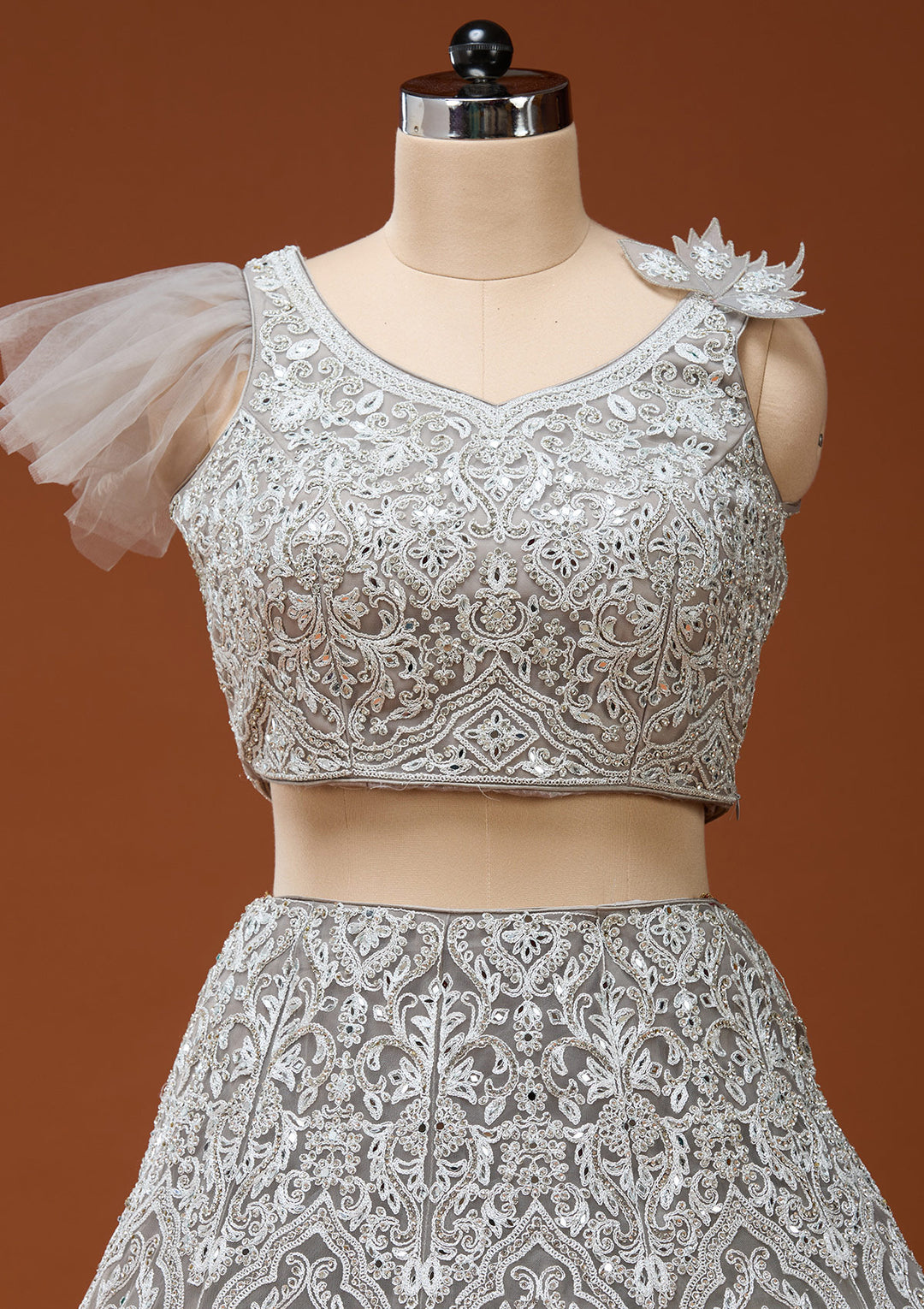 Light Grey Silver Zariwork Net Readymade Lehenga
