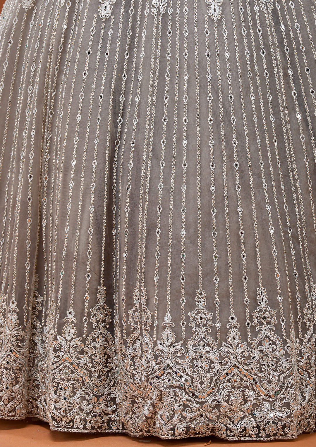 Light Grey Silver Zariwork Net Readymade Lehenga