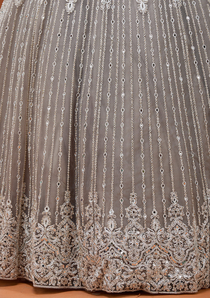 Light Grey Silver Zariwork Net Readymade Lehenga
