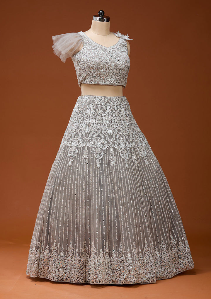 Light Grey Silver Zariwork Net Readymade Lehenga