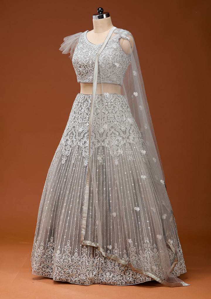 Light Grey Silver Zariwork Net Readymade Lehenga