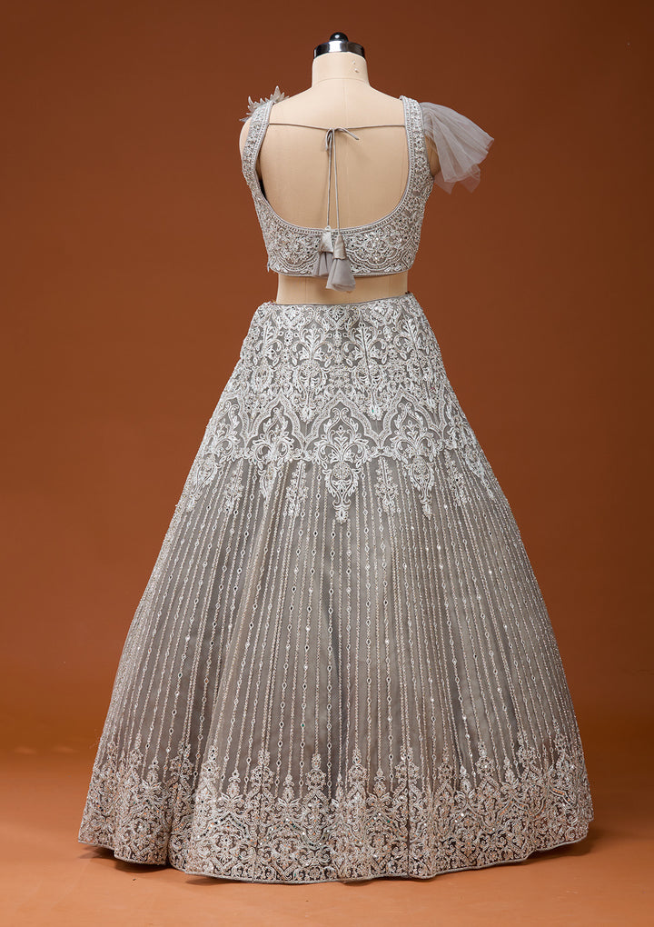 Light Grey Silver Zariwork Net Readymade Lehenga
