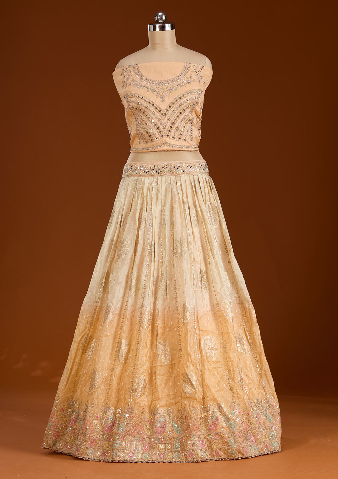 Peach Threadwork Banarasi Readymade Lehenga
