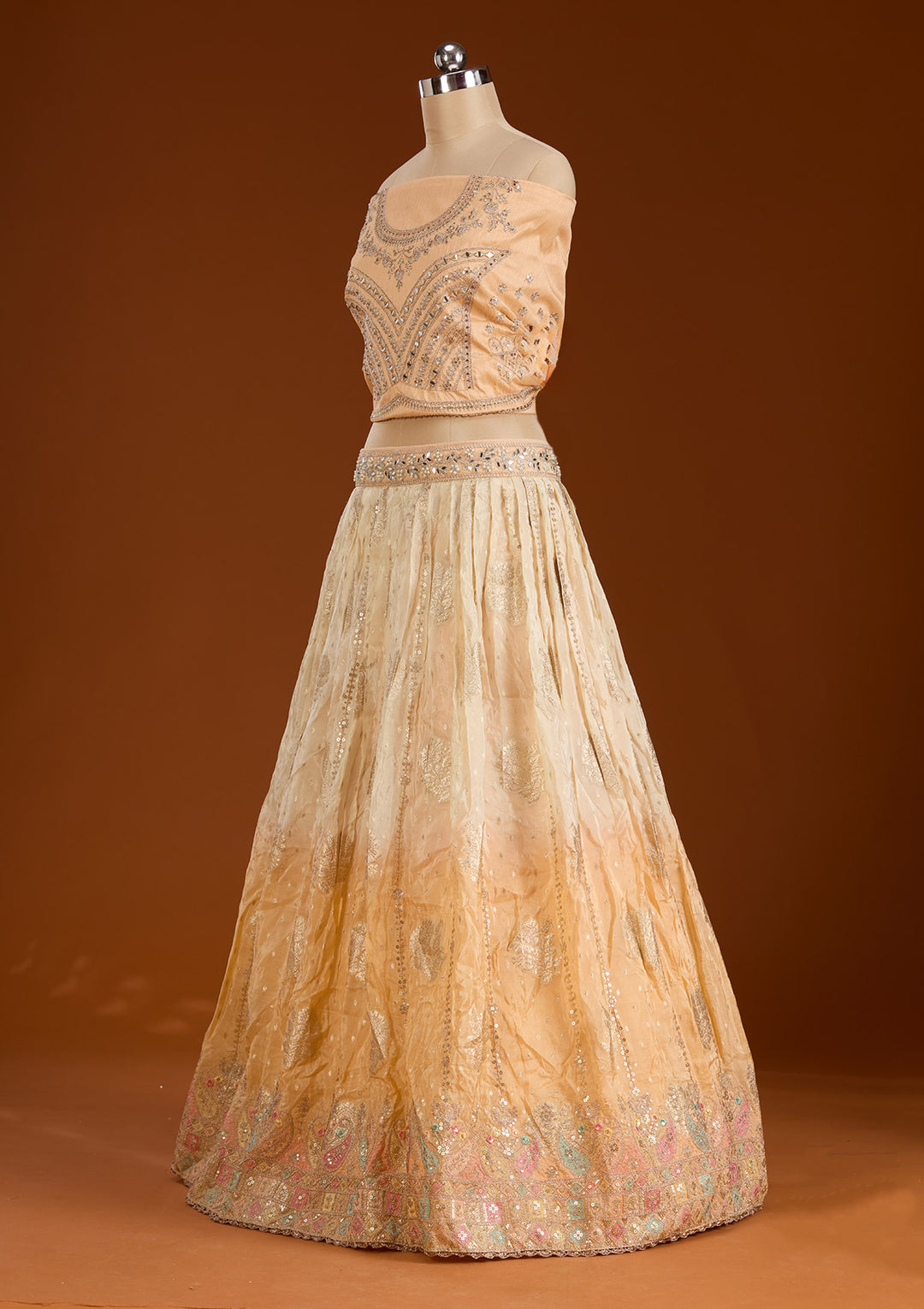 Peach Threadwork Banarasi Readymade Lehenga