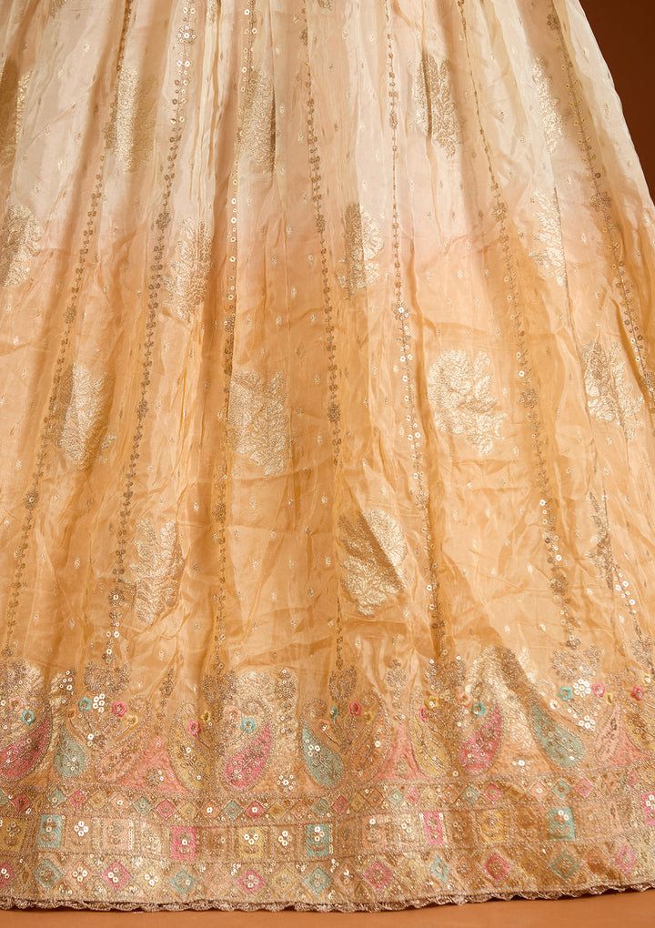 Peach Threadwork Banarasi Readymade Lehenga