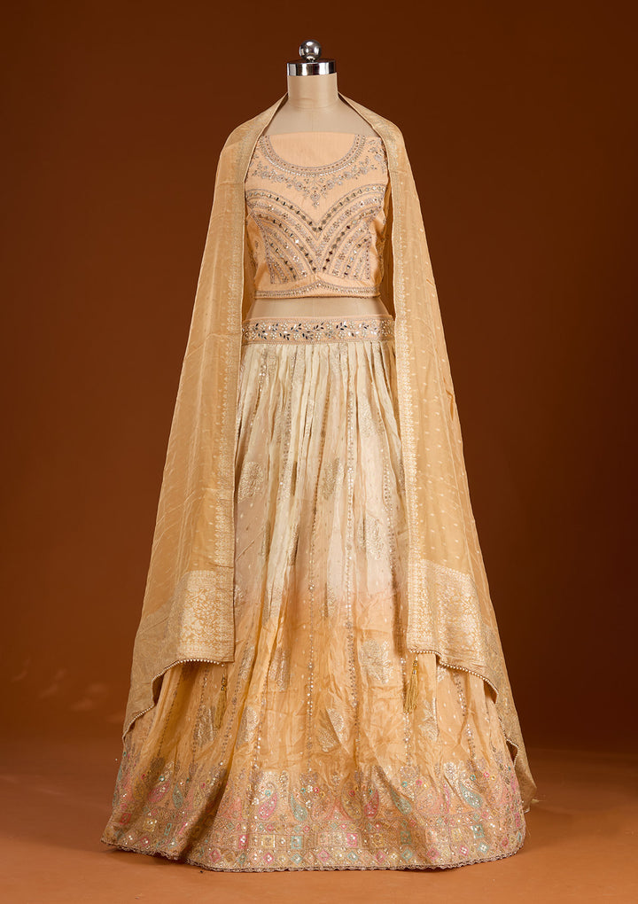 Peach Threadwork Banarasi Readymade Lehenga