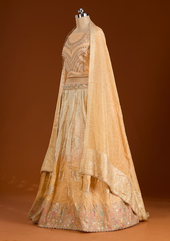 Peach Threadwork Banarasi Readymade Lehenga
