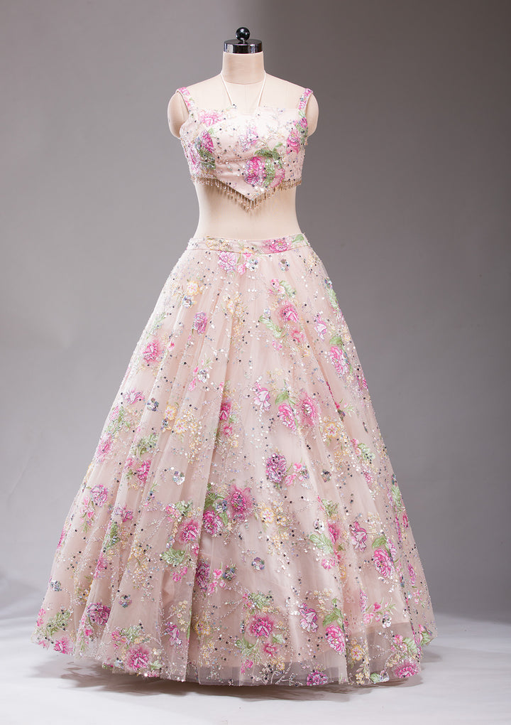 Light Peach Applique Imported Fabric Readymade Lehenga