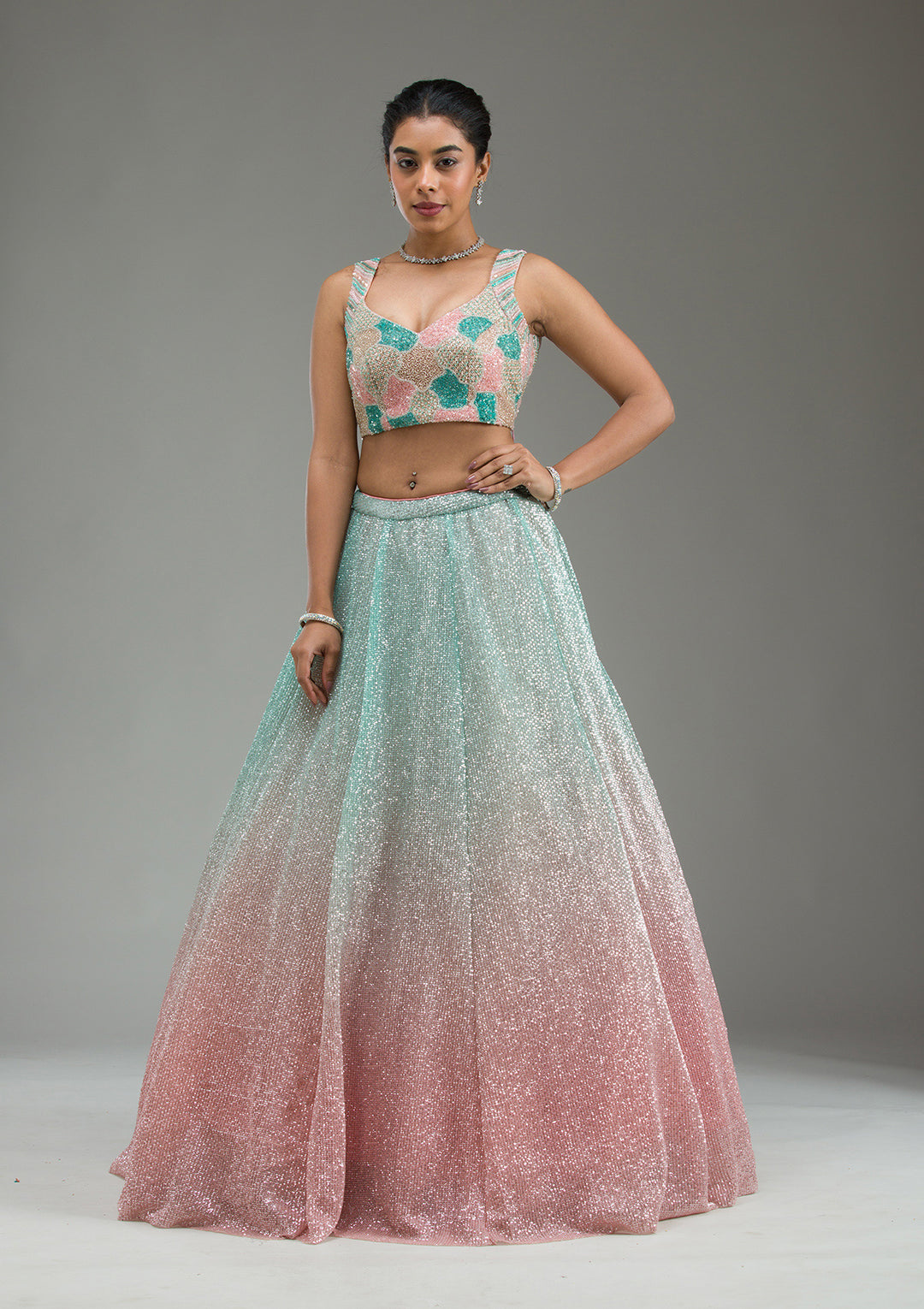 Sea Green Cutdana Imported Fabric Readymade Lehenga