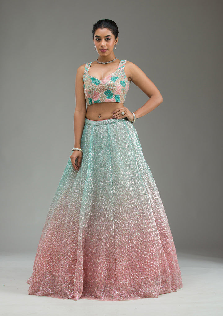 Sea Green Cutdana Imported Fabric Readymade Lehenga