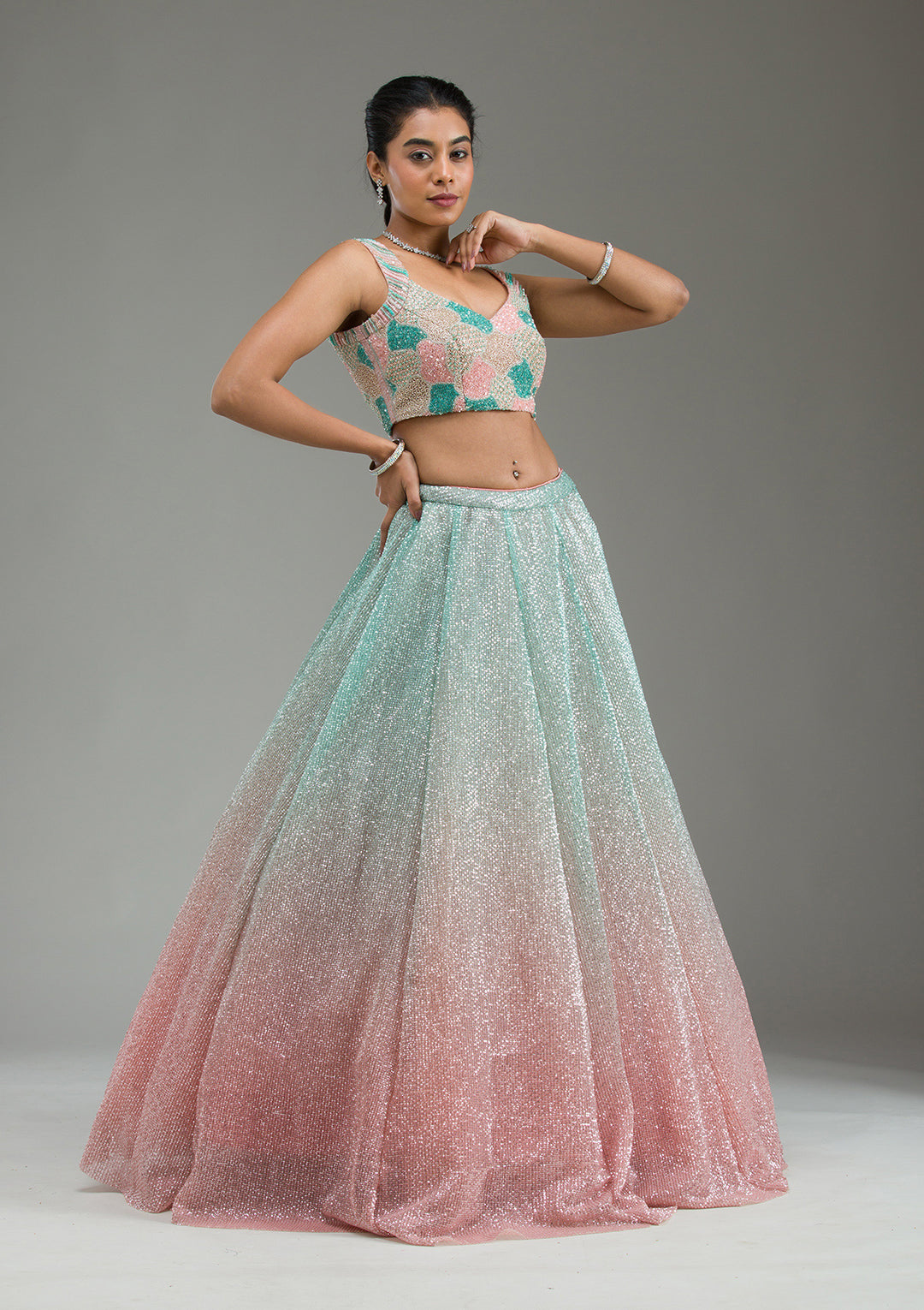 Sea Green Cutdana Imported Fabric Readymade Lehenga