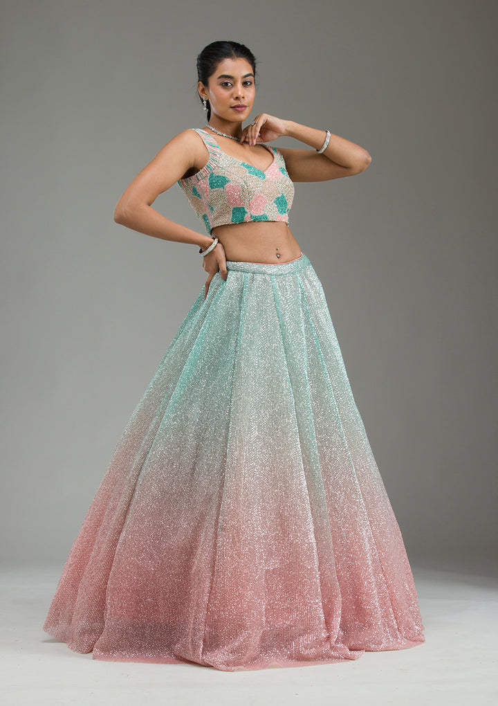 Sea Green Cutdana Imported Fabric Readymade Lehenga