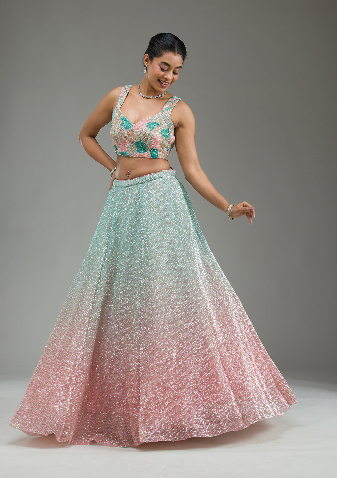 Sea Green Cutdana Imported Fabric Readymade Lehenga