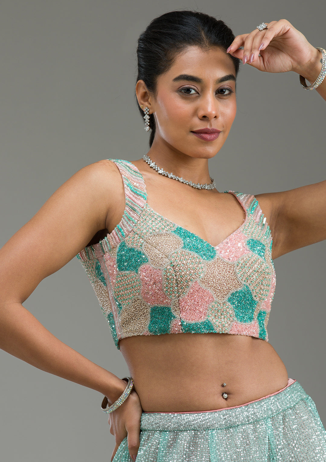 Sea Green Cutdana Imported Fabric Readymade Lehenga