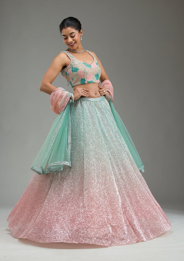 Sea Green Cutdana Imported Fabric Readymade Lehenga